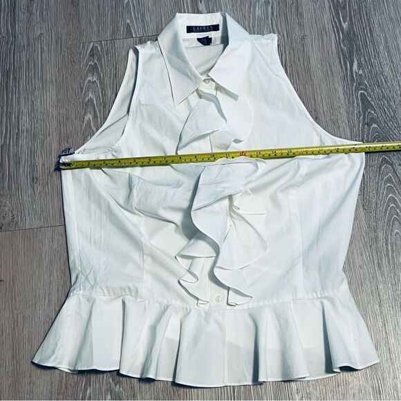 RALPH LAUREN White Ruffle Neck Button Down Sleeveless Peplum classic 14 XL - Picture 7 of 8
